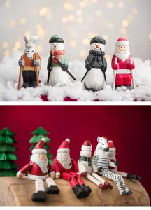 Handcrafted wooden Christmas figurines, cute snowman and Santa table decor for holiday gifts.