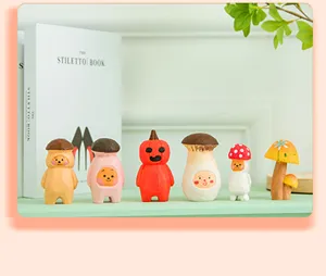 Handmade wooden carved mushroom figurines set, cute desktop ornaments for home and office.