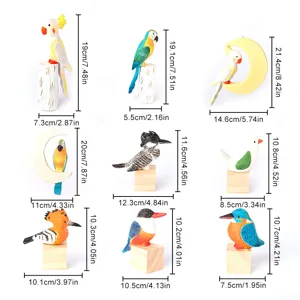 Wooden bird figurine set, hand-carved solid wood animal decor with detailed size dimensions.