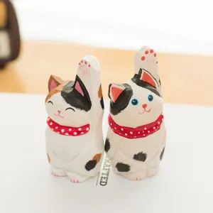 Wooden Maneki-Neko Lucky Cat Figurine Desktop Home Decor Cute Wooden Ornament