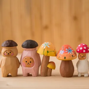 Handmade wooden carved mushroom figurines, cute desktop ornaments and creative gifts for home decor.