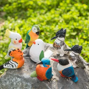 Handcrafted wooden bird figurines set, colorful animal sculptures for home office decor