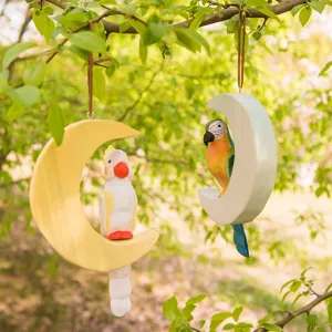 Wooden bird hanging ornament, cute parrot moon pendant for home decoration and gift.
