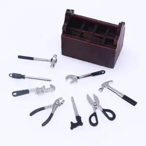 Miniature dollhouse wooden tool box set with alloy tools for 1/12 scale scene decor