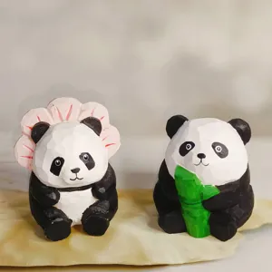 Handgeschnitztes Holz Panda Figuren Set, süße Cartoon Tier Skulptur für Heimtextilien und Geschenke