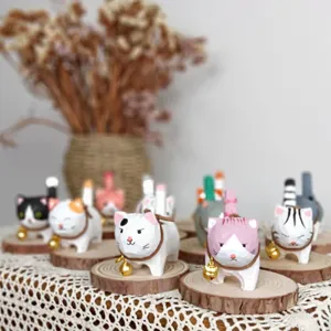 Handmade Wooden Carved Cute Bell Cat Dog Desktop Ornament Creative Solid Wood Animal Figurine Home Office Decor