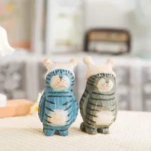 Handmade Wooden Carved Cat Figurine Desktop Ornament Creative Wooden Animal Crafts Home Decor Cute Kitten Statue Gift