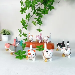Hand-carved wooden cat figurine desktop ornament cute small bell home decor craft