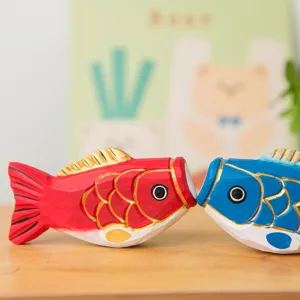 Wooden koi fish figurine set, cute red and blue car home office desktop decor ornament.