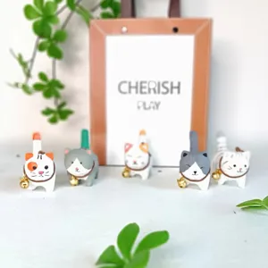 Handmade wooden cat figurines set, cute desktop decor with bells, creative crafts.