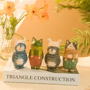 Wooden carved cat figurines set, creative handmade animal desktop ornaments for home decor.