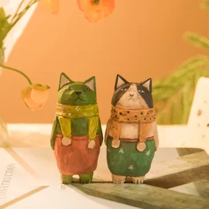 Handmade wooden cat figurine desktop ornament creative craft animal decor cute sculpture gifts