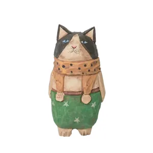 Handmade wooden cat figurine cute desktop sculpture creative animal decor for home desk