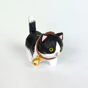 Handmade wooden black white cat figurine with bell, cute animal desktop home decor ornament.