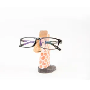 Wooden giraffe eyeglass holder stand, creative desktop glasses display stand for home decor.