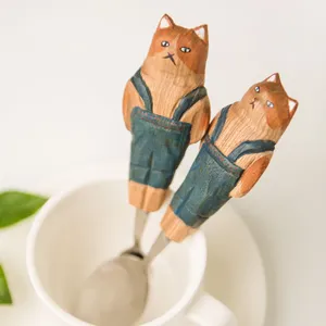 Set di cucchiai da dessert in legno di gatto, cucchiaio con manico animale carino per cucina.