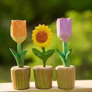 Handcrafted wooden flower decor, cute sunflower and tulip ornaments for cute desktop display.