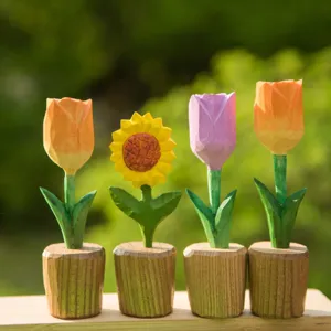 Handmade wooden carved flower ornament, cute tulip and sunflower desktop decor for gift.