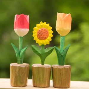 Hand carved wooden flower tulip sunflower desktop ornament natural craft decor detail view