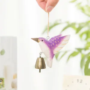Handmade wooden hummingbird hanging ornament with bell for home garden decoration chime