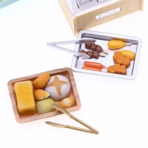 Miniature dollhouse food toy set detail shot, cute bread trays and BBQ skewers for DIY craft.