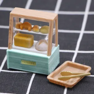 Miniature dollhouse bakery display cabinet with bread pastries tray and tongs for doll scene decor