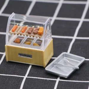 Miniature dollhouse food display cabinet model with barbecue skewers and tray props.