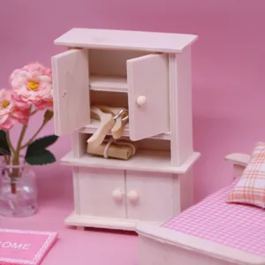 Miniature wooden dollhouse wardrobe furniture vintage cabinet miniature bedroom accessory