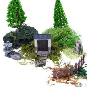 Miniature house, artificial trees, and colorful moss details for DIY micro landscape crafts.