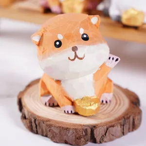 Handmade cute wooden animal figurine holding gold ingot desktop ornament home decor gift