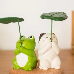 Japanese Cute Wooden Carved Lucky Cat Frog Bear Figurine Linden Wood Desktop Ornament Office Home Decor Gift