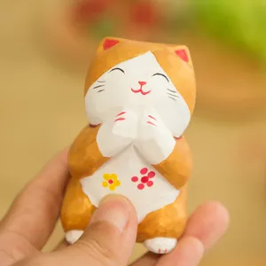 Japanese style wooden praying cat figurine hand carved cute desktop decoration ornament