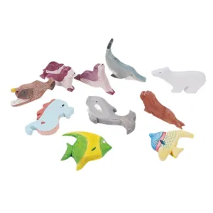 Set de juguetes de animales marinos de madera, figuras talladas a mano para niños y decoración.