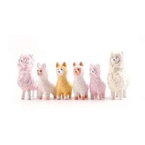 Cute carved wooden alpaca figurines set, 6 pcs handmade animal decor for home desk birthday gift.