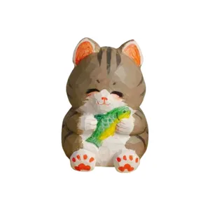 Figura de gato de madera tallada a mano lindo adorno de pez para escritorio auto decor