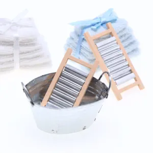 Dollhouse miniature tin washbasin washboard towel set for micro home bathroom scene decor.