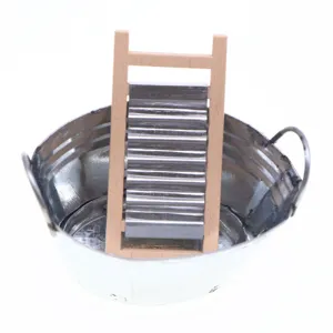 Dollhouse miniature galvanized washbasin and wooden washboard set for miniature decor.
