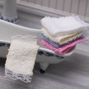 Dollhouse Miniature Towel Bath Towel With White Lace Trim Doll Bathroom Scene Prop Micro Landscape Doll Accessories