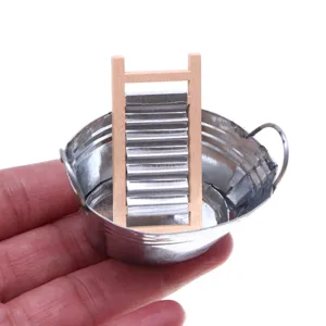 Dollhouse miniature metal tub and wooden washboard set for tiny bathroom doll house decor.