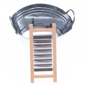 Miniature dollhouse wash basin and washboard set metal tin mini bathroom scene props decor