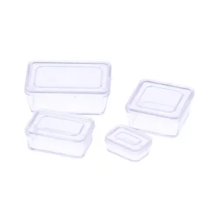 Closeup detail of dollhouse miniature transparent plastic storage box, micro food play scene.