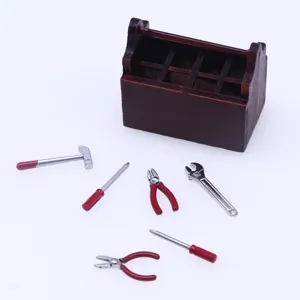 Dollhouse miniature wooden toolbox and alloy tool set model OB11 micro scene accessories.