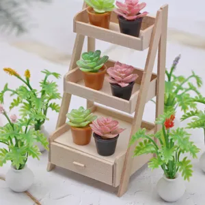 Ensemble de support de fleurs en bois miniature pour decoration de jardin de poupée.