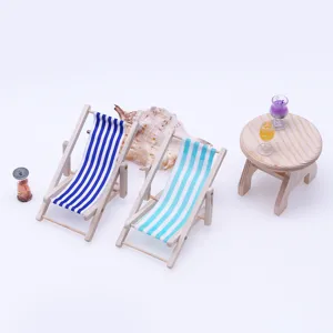 Miniature wooden beach chair set for dollhouse, cute outdoor lounge furniture accessories.