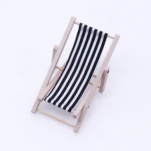 Miniature wooden beach chair dollhouse model with black white stripes for micro landscape.