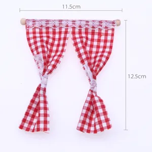 Miniature dollhouse red and white checkered curtain with wooden rod and lace trim for photo props.