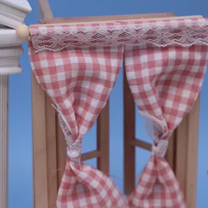 Miniature pink white gingham dollhouse curtain detail view, lovely lace trim decor photography prop.