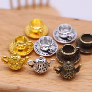 Miniature Metal Dollhouse Teapot Tea Cup Set Vintage Simulation Coffee Cup Model Kitchen Accessories Toys