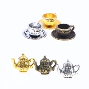 Miniature metal tea cup set dollhouse teapot ornaments for micro landscape decoration.