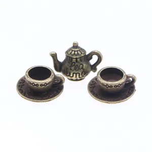 Dollhouse miniature metal tea cup and saucer set retro bronze teapot model decor